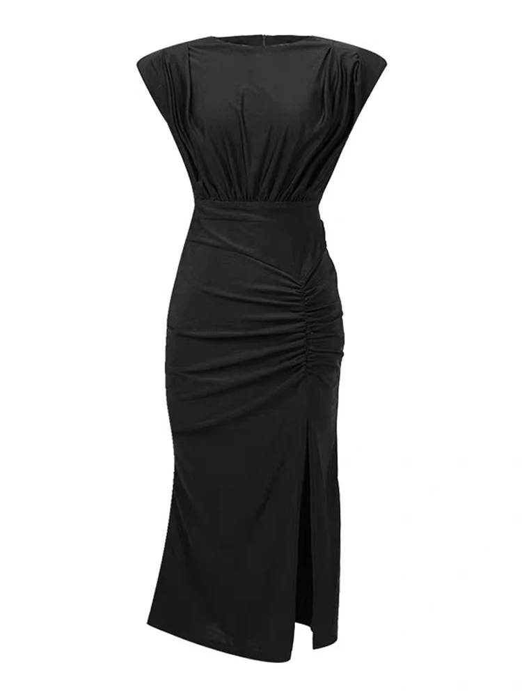 New Elegant Style Black Dress for Women Casual Elastic Short Sleeves Bodycon Pleated Slit Robe Femme Office Lady Street Vestidos