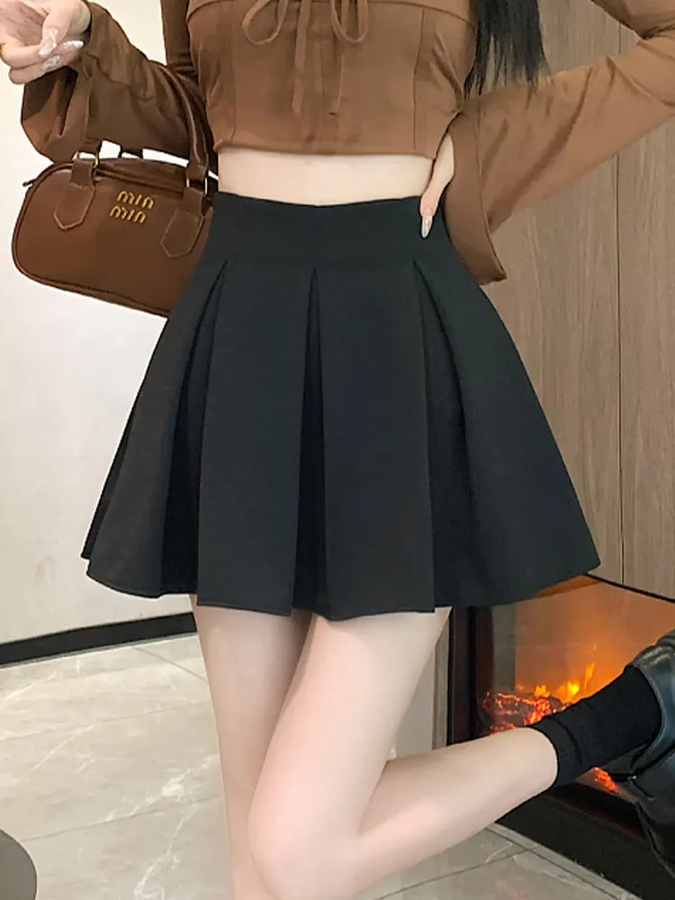 Black High Waist A-Line Puffy Half Skirt Women's Fashion Spring Autumn Knee-Length Gored Skirt Korean Style City Walk