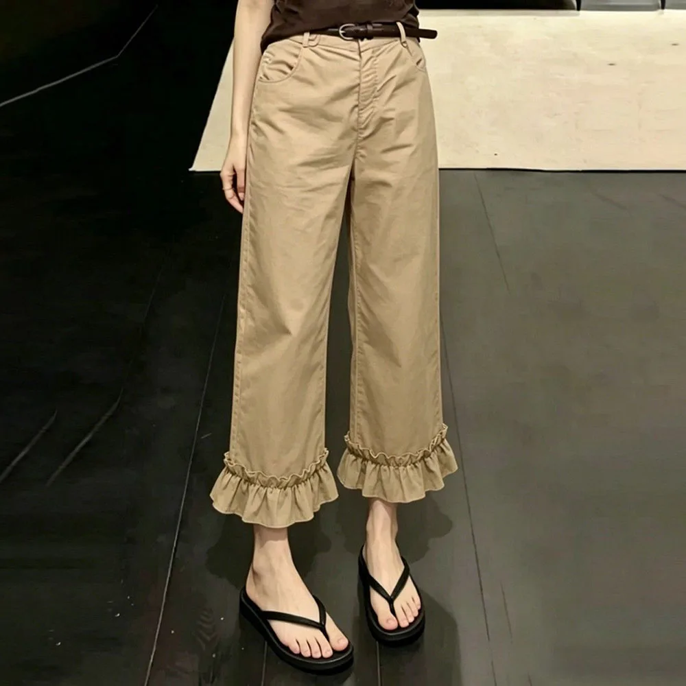 Khaki ruffle edge pants straight-leg pants women's 2026 summer popular new simple casual age-reducing wide-leg pants