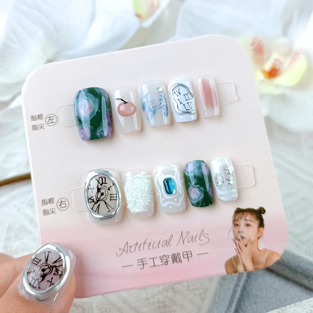 10pcs Handmade Press On Nails Y2k Style Short Square Smudging False Nail Hand-painted Clock Flower Rhinestone Decor Fake Nails