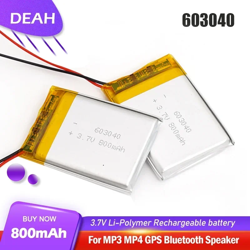 603040 3.7V 800mAh Rechargeable Lithium Polymer Battery Lipo Li ion Cell For MP3 MP4 GPS DVD Bluetooth Speaker E-book Massager