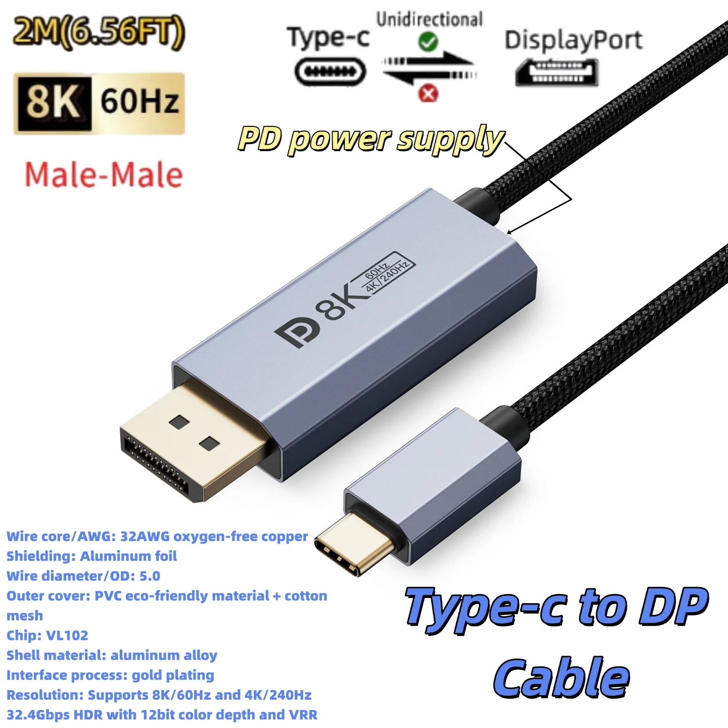 USB C-auf-DisplayPort-Kabel 8K@60Hz 4K@120Hz 2K@240Hz 16K Typ C auf DP 2.1 für Thunderbolt 4 MacBook Laptop PC TV Air Projecto – Detail 13