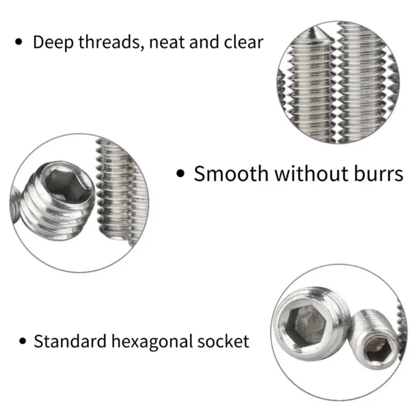 10pcs Hex Hexagon Socket Set Screws M2 M2.5 M3 M4 M5 M6 M8 M10 M12 304 Stainless Steel none head Allen Cup Cone Point Grub Screw