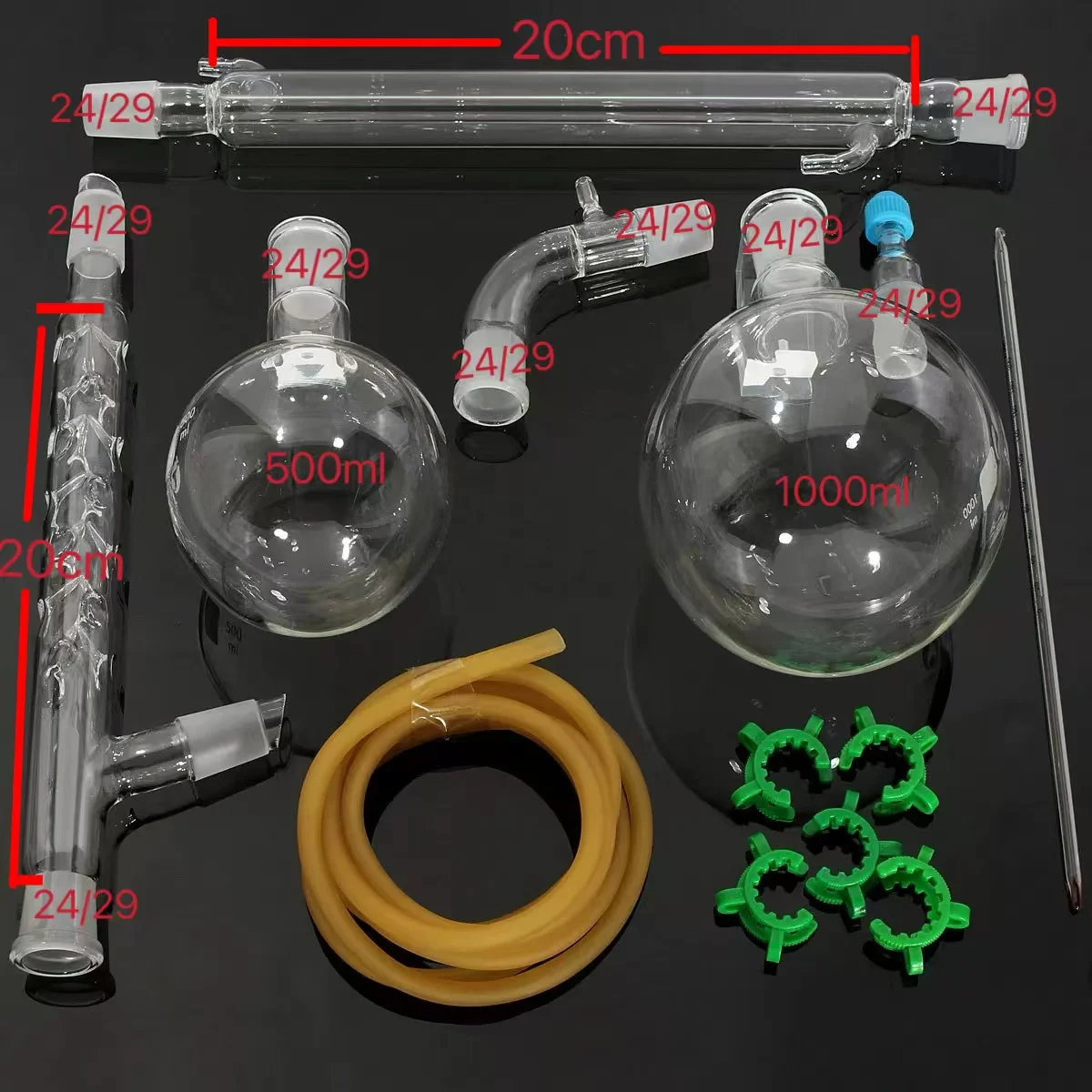 【13 Piece Set】500/1000ml, 24/29, Glass Still, Laboratory Distillation Equipment Chemistry Glassware Kit