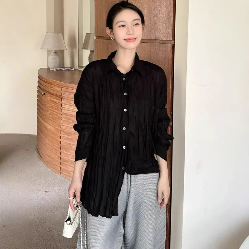 미야케 플리츠 심플 셔츠 여성용 2026 봄 신상 데일리 다용도 캐주얼 블라우스 솔리드 컬러 셔츠 긴팔 플리츠 의류