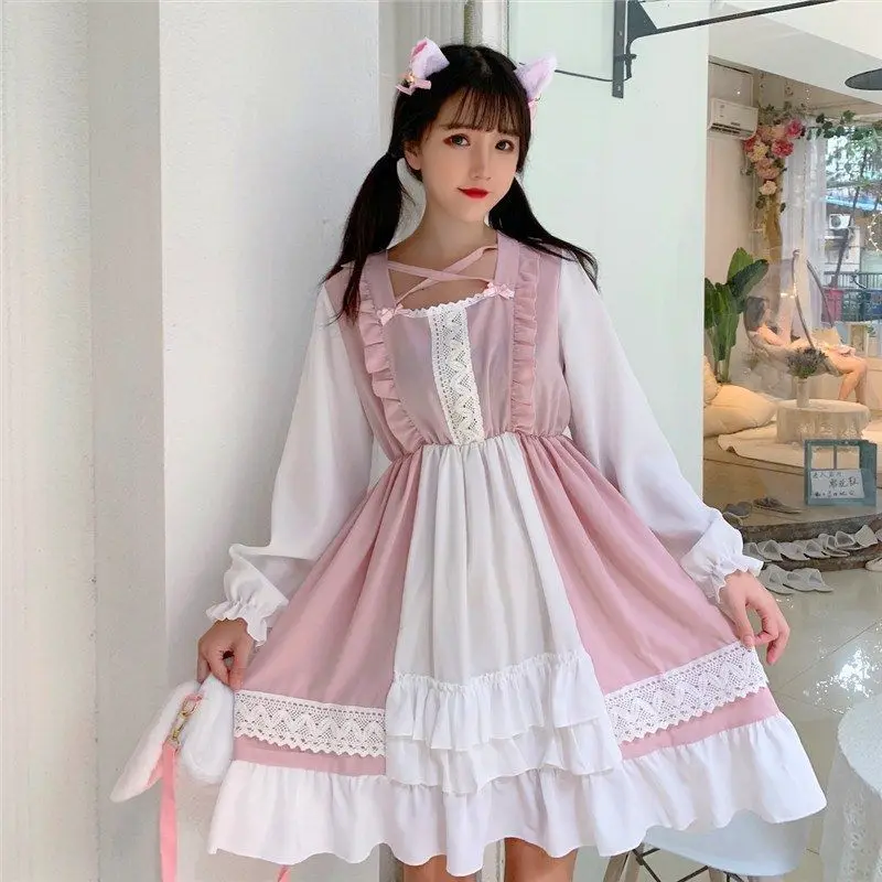 Kawaii الفتيات اليابانية نمط المرأة لوليتا دمية Vestidos الجنية فساتين 2 ألوان القرون الوسطى لطيف طويل الأكمام طالب الزي اليومي