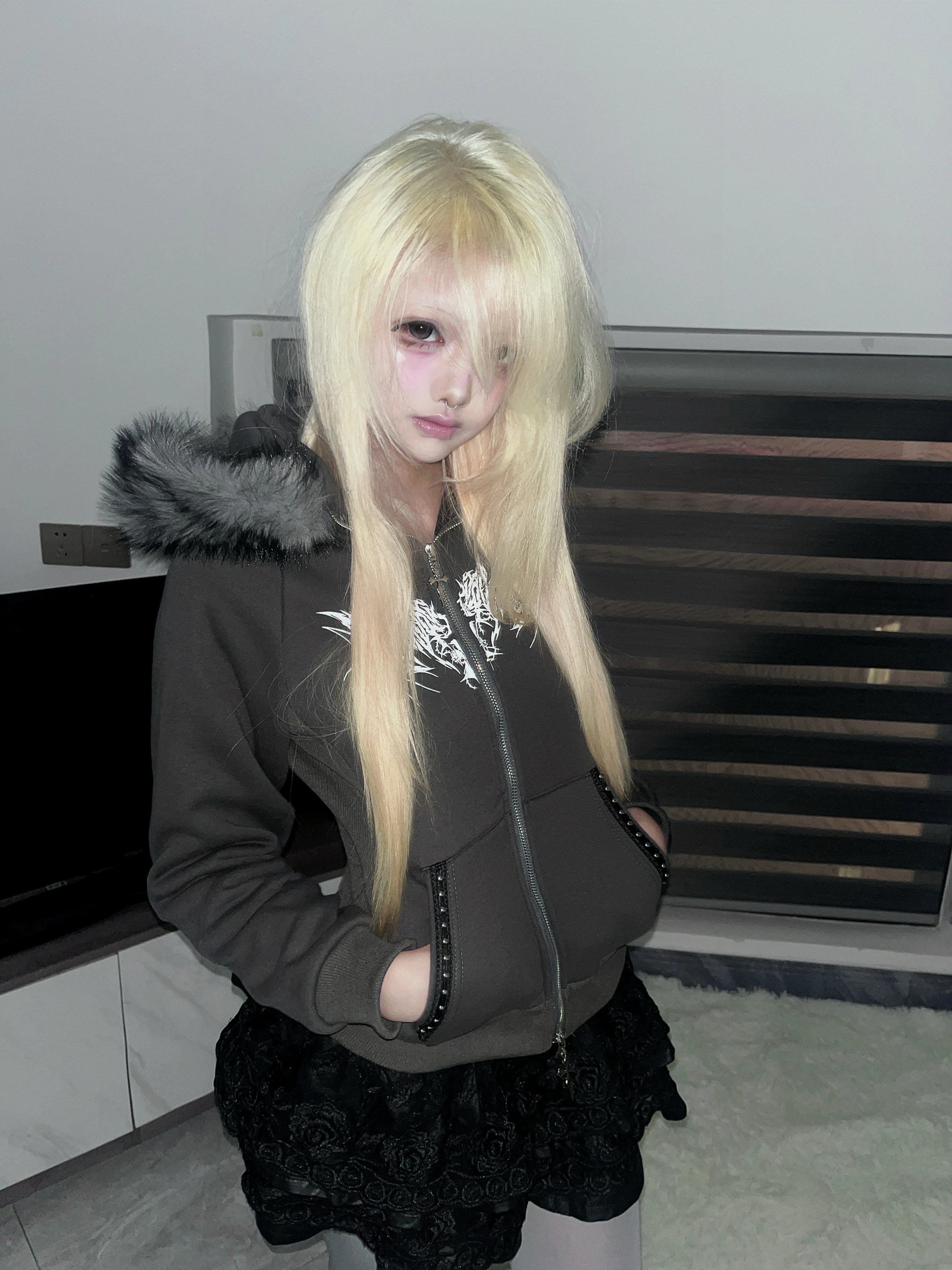 الأصلي الظلام ثقافة فرعية Y2k الشرير أفخم مقنعين سستة سترة سترة الخريف الشتاء الفتيات الحلو كول لطيف مطبوعة معطف قصير #3