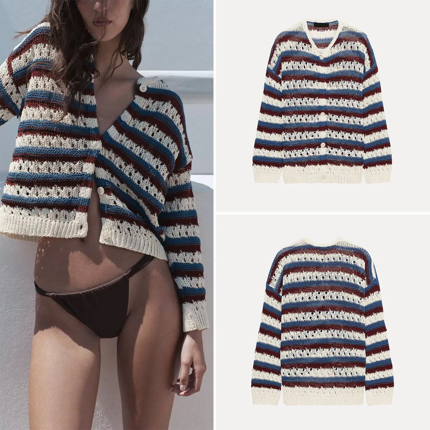 

Women's Knitted Hollow out Long Sleeve round Neck Striped Jacket 2026 New Fashion Commute Style Loose Fit Summer Cardigan