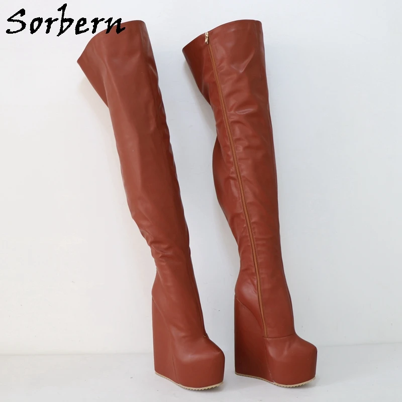 Sorbern 22Cm Brown Long Boots Women Wedge Heels Hidden Platform Winter Style Plush Lining Thigh High Boot Custom Leg Size Colors