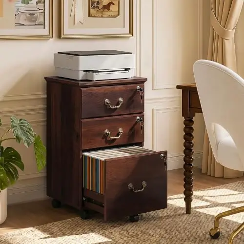 3 Drawer File Cabinet with Lock, Wood Filing Cabinet, Brown Oak | Mobile Wood File Cabinet for Under Desk Storage