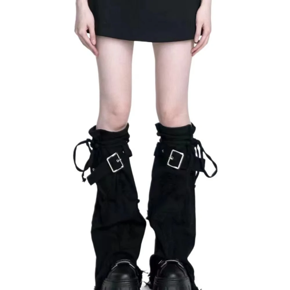 Fashion Y2k Leg Warmer Punk Harajuku Black Denim Leg Covers Vintage Drawstring Strap Boot Socks