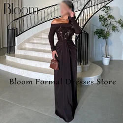 Bloom Off the Shoulder Jersey Long Sleeves Zipper Back Sequined Boat Neck Solid Color Sweep Train Elegant Party Evening Dresses