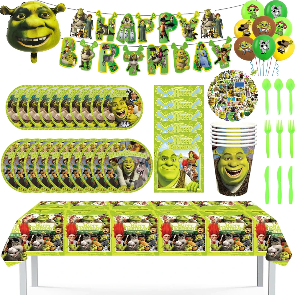 Disney Monster Shrek Prince Donkey Green Princess Happy Birthday Banner Party Decorations Supplies Disposable Tableware Balloon