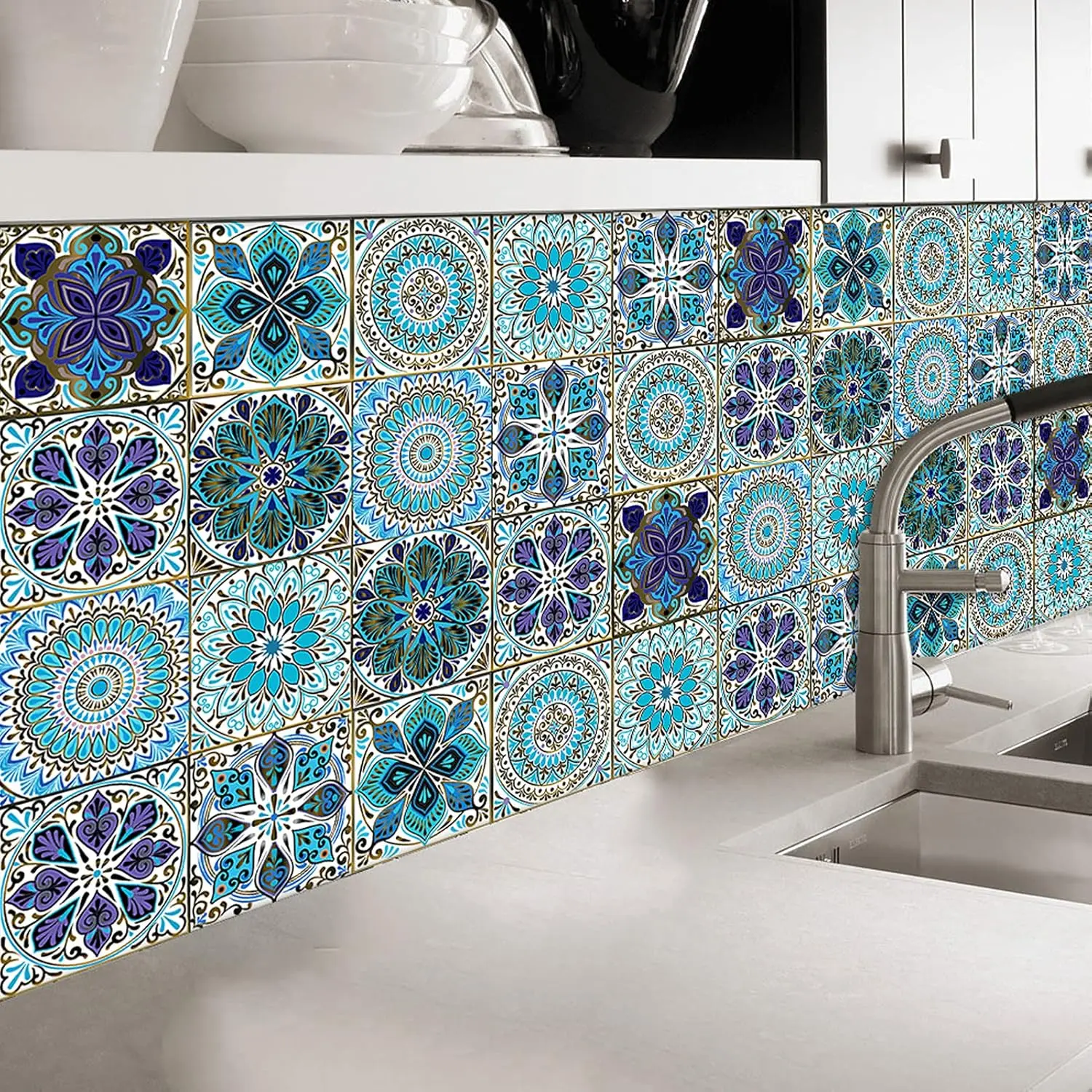 

Tile Stickers Wall Decor Moroccan Bohemian Stickers Bathroom Kitchen Wall Decals Waterproof PVC Decor Self-Adhesive Tile Decals