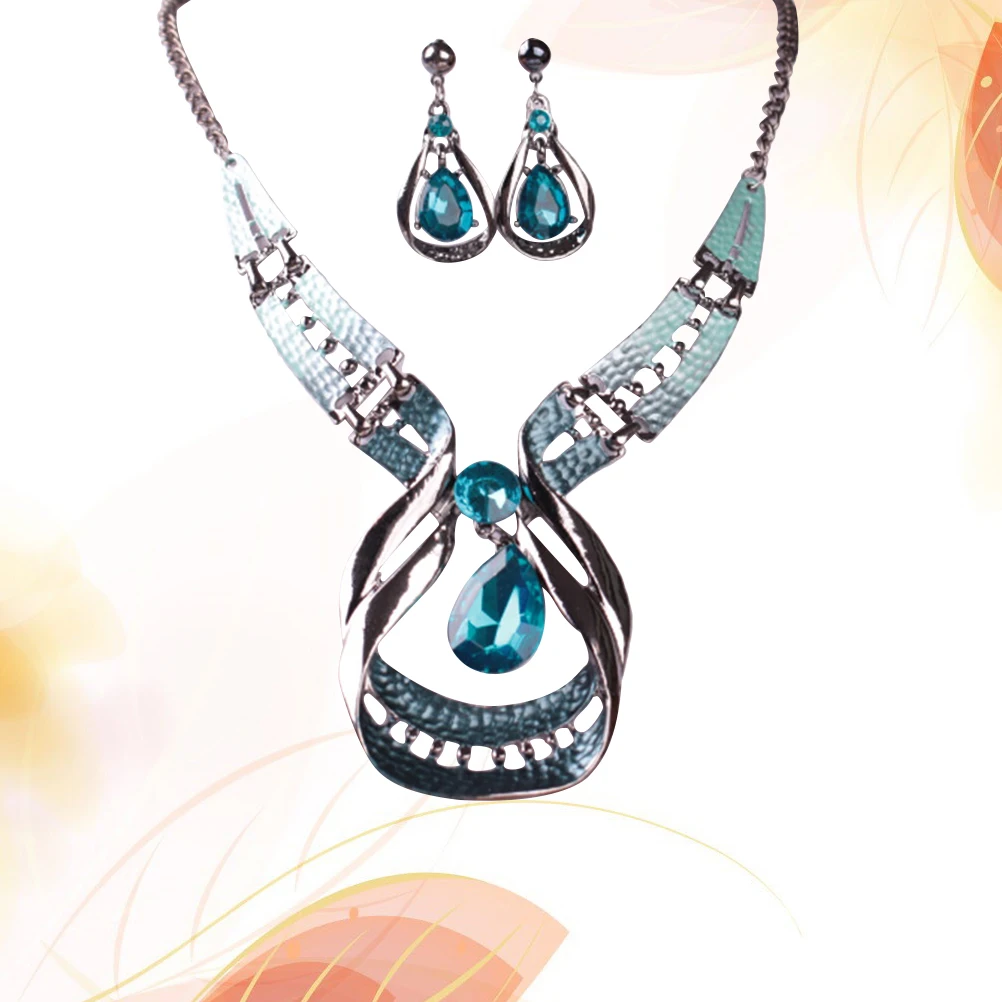 Fengshui Drop Necklace Rhinestone Necklace Earring Set Delicate Workmanship Easy Wear Jewelry Wedding Ethnic Style