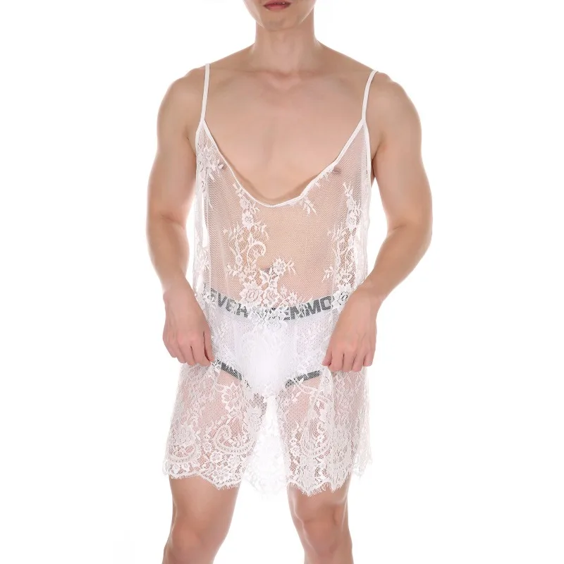 

Мужское нижнее белье Sissy, одежда для переодевания, ночная рубашка, прозрачная кружевная сетчатая ночная рубашка с рюшами, короткая ночная рубашка, пижамы с цветочной вышивкой