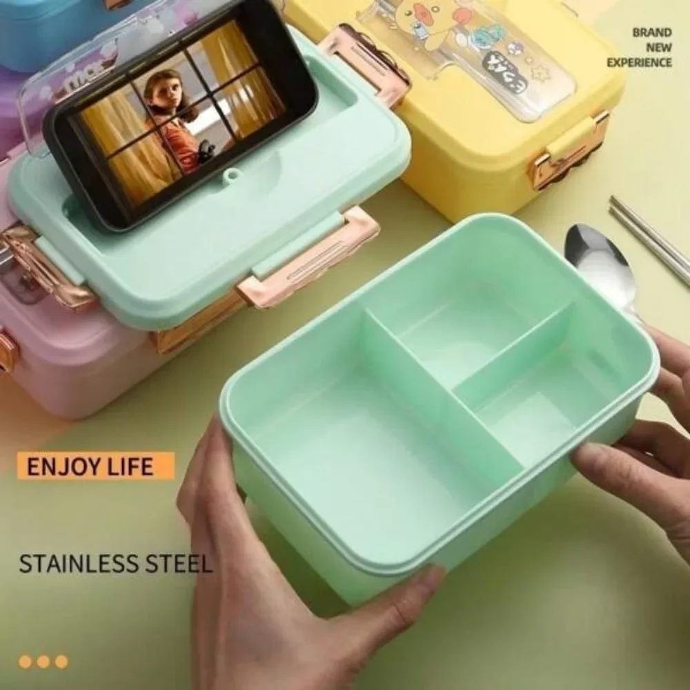 Cartoon Student Lunch Box with Cutlery Bento Lunch Box for Children Kawaii Dinosaur Heated 3 Grid Sandwich Snack Cute Tableware