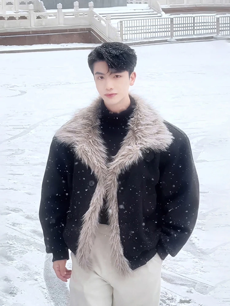 

Men's Suede ort Jaet Thiened Warm Stand Collar Cotton Clothes Winter High Sensation Fur Collar Outerwear Casual Sle