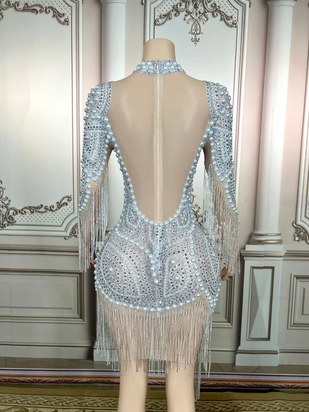 Długa Sukienka z Długim Rękawem, Ozdobiona Błyszczącymi Cyrkoniami, Perłami i Frędzlami, Seksowna, Damska, Idealna na Klub Nocny, Bal, Urodziny, Strój dla Piosenkarki, Kostium Sceniczny