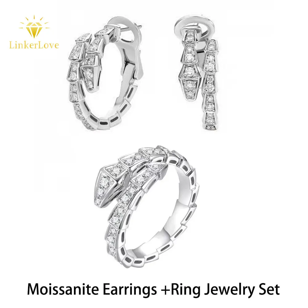 

LinkerLove Moissanite Snake Ring Hoop Earrings Fine Jewelry Set for Women S925 Silver Snake Bone Diamond Wedding Band Earrings