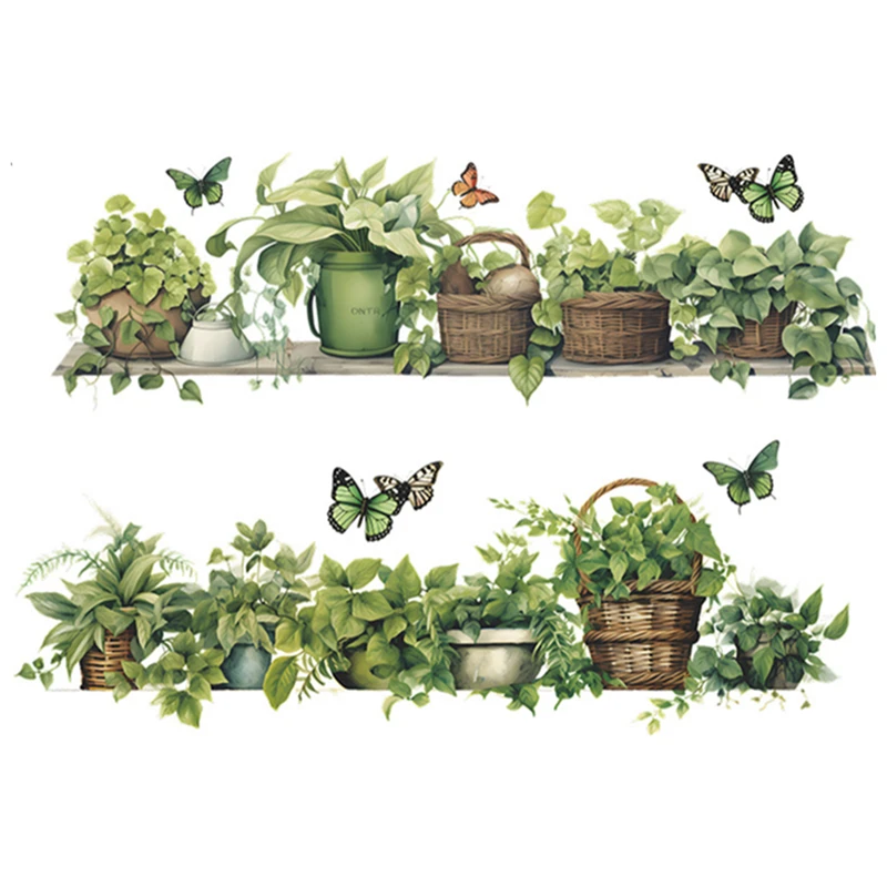 Autocollants muraux en vinyle pour la décoration de la maison, planche d'étagère, vue en pot, plante verte, papillon, flule, art mural de chambre, facile à appliquer