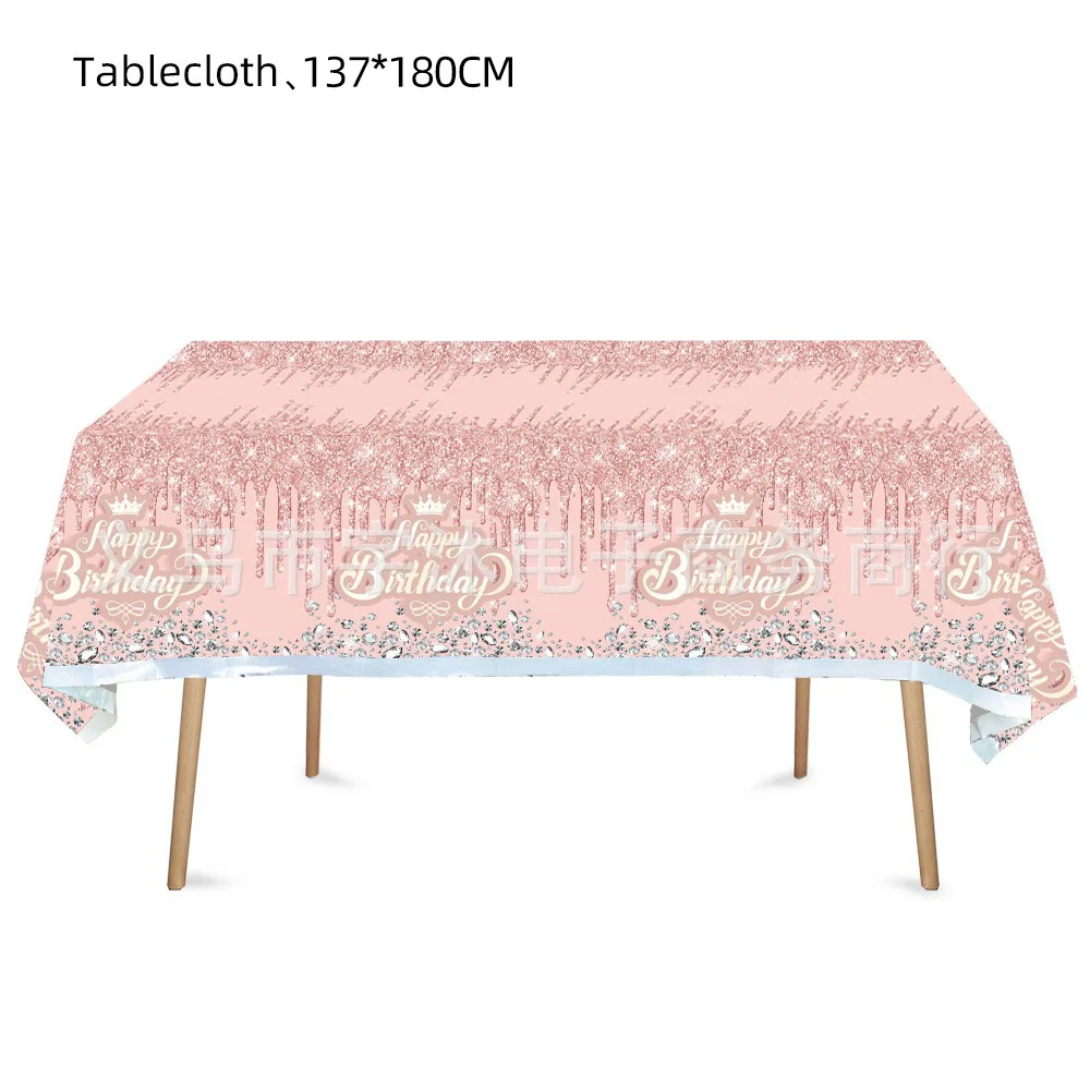 1pcs/lot Rose gold diamond Theme Table Cover Happy Birthday Events Party Decorations Maps Girls Kids Favors Tablecloth