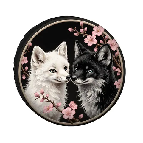 Polyester Fiber Car Tire Cover With Cute Fox And Dog Cherry Blossom Pattern, Non-Slip And Wear-Resistant Tire Shield, Suitable F