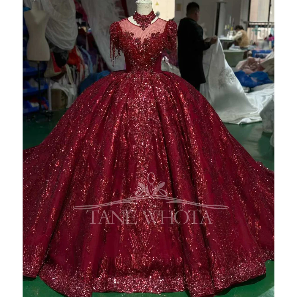 

Customizable Red Evening Dress O-Neck Detachable Sleeve Lace Up Keyhole Back Crystal Beading Sequined Embroidery