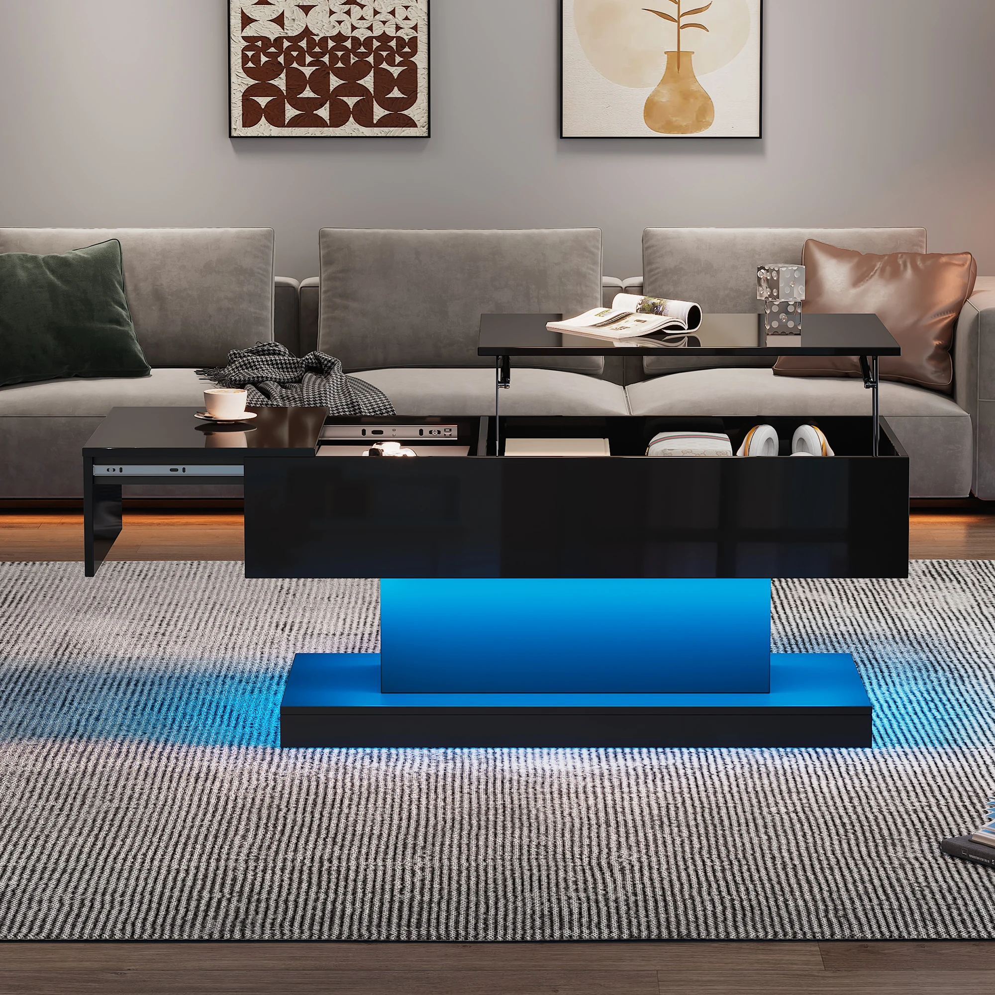 High-gloss folding tea table LED coffee tables 100 x 50 x 4cm with LED lighting semi-liftable tabletop and side-sliding design