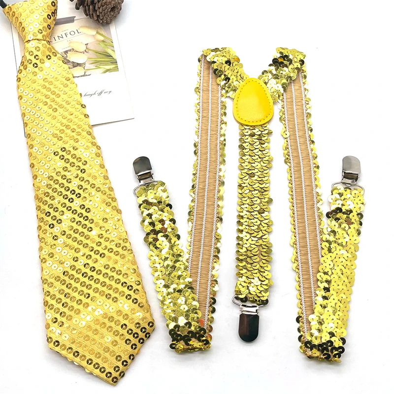 Women Men Sparkly Sequins Suspenders Necktie Set Clip-on Elastic Unisex Y-Shape Back Brace Suspenders Shinning Cosplay Costume