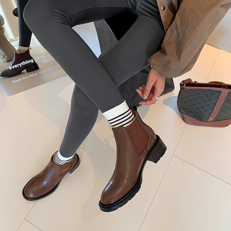 2024 nowy jesienne botki zimowy prawdziwy skórzane buty damskie Chelsea Boots kobiet buty buty z prawdziwej skóry Retro brązowy