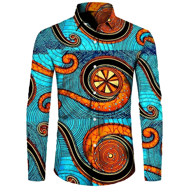 New Men\'s Lapel Buttons Shirt Fashion 3D Printed Pattern Long Sleeve Shirts African Traditional Casual Ethnic Style Blouse Tops