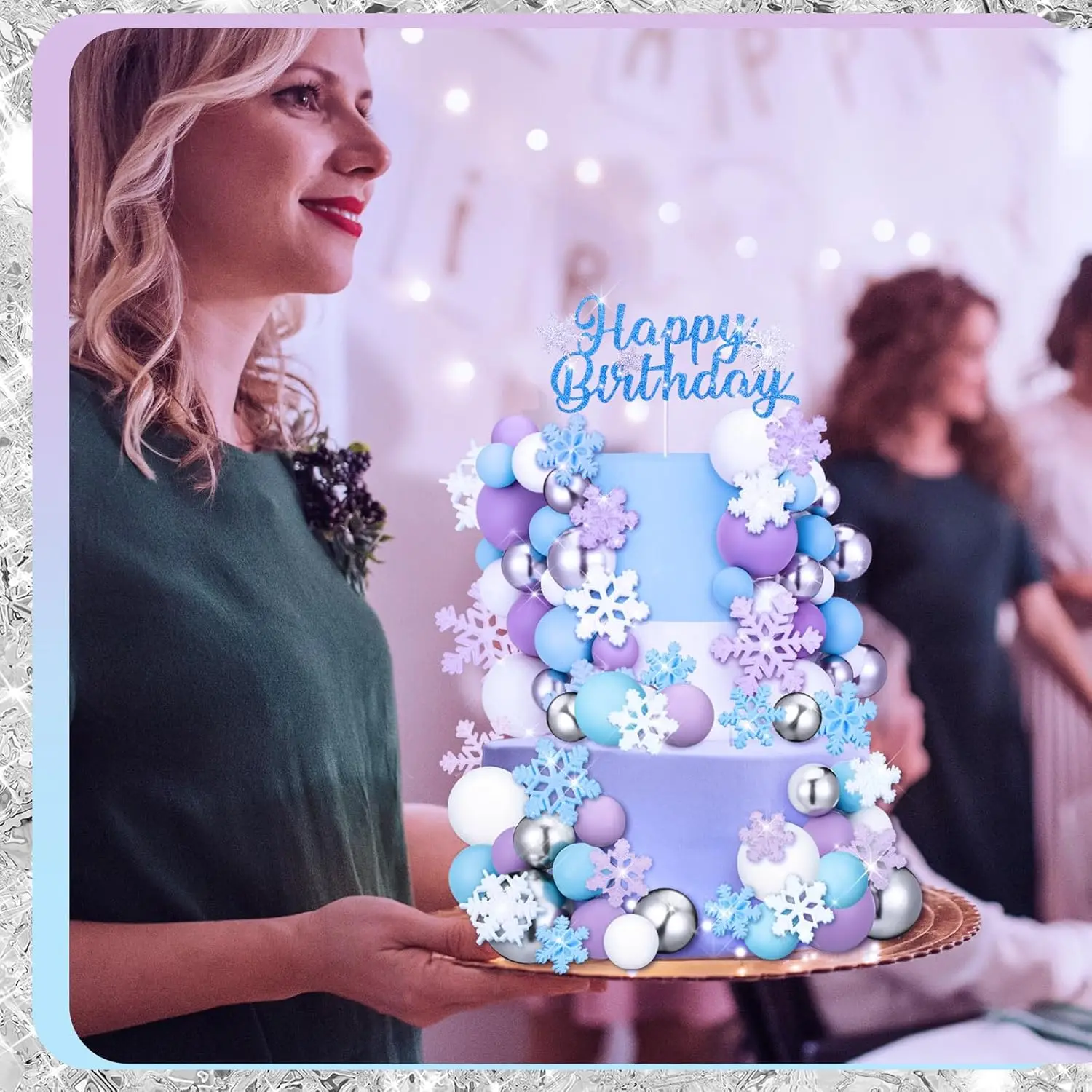 Schneeflocken-Kuchenaufsatz, alles Gute zum Geburtstag, Kuchenaufsatz, mehrfarbige Kugeln, Kuchendekorationen für Weihnachten, Neujahr, Winterparty – Detail 5