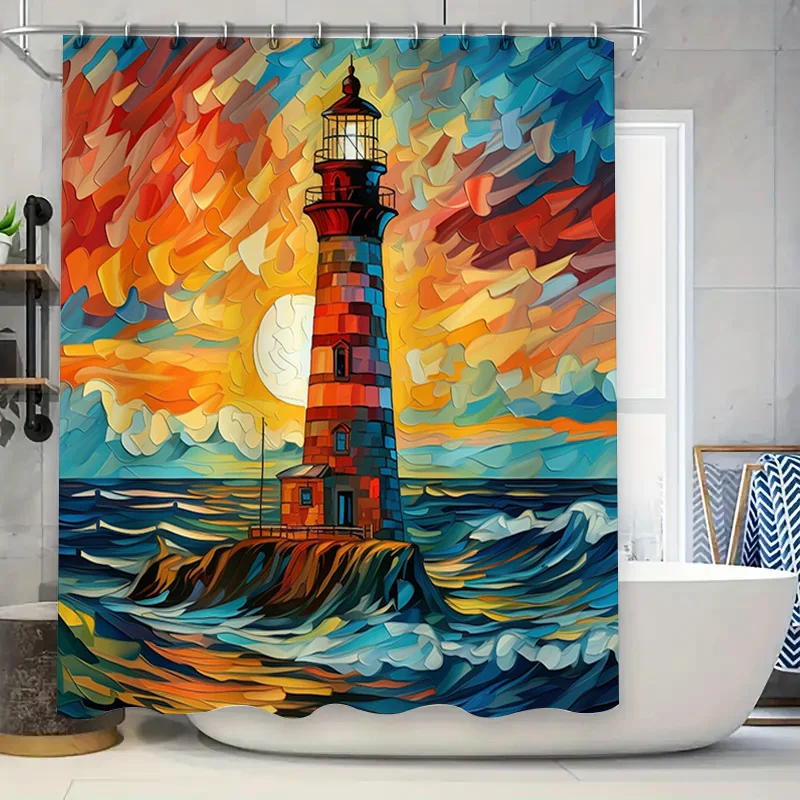 

Яркие волны занавеска для душа с принтом маяка водонепроницаемая ткань для украшения ванной комнаты современный художественный домашний декор идеи подарков (M