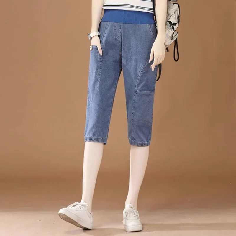 

Повседневные женские джинсы с эластичной резинкой на талии и семью футами, универсальные утягивающие джинсы Harlan средней длины, летние новые Sle