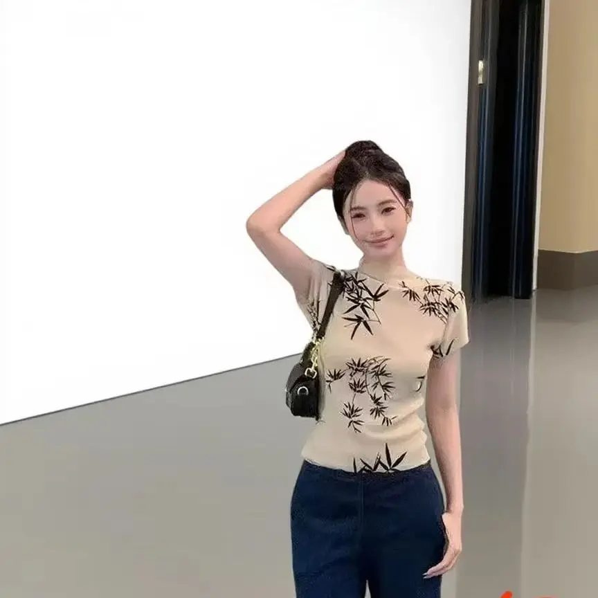 

Футболки с цветочным принтом в китайском стиле, женская одежда, Ropa Mujer, туника с круглым вырезом и короткими рукавами, летние футболки Camisetas, шикарные футболки, топы