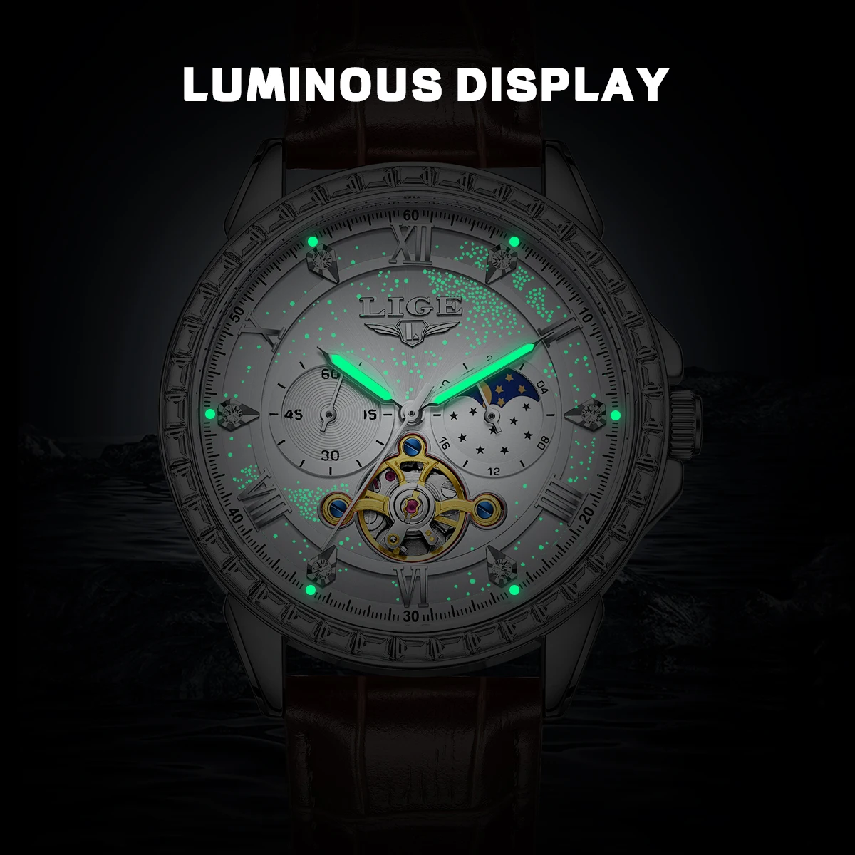 LIGE Big Diamond Dial Moon Phase Automatic Watch For Man and Woman Couple Mechanical Waterproof High-End Luxury Clock Wristwatch