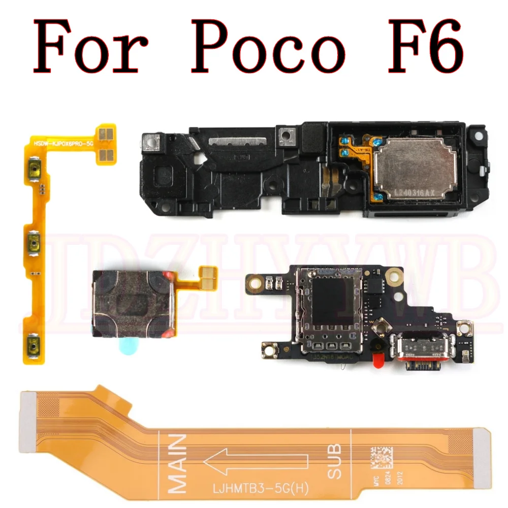 USB Charging Port Board For Xiaomi Poco F6 Bottom Earpiece Loudspeaker Ringer Buzzer Power Volume Motherboard Flex Cable