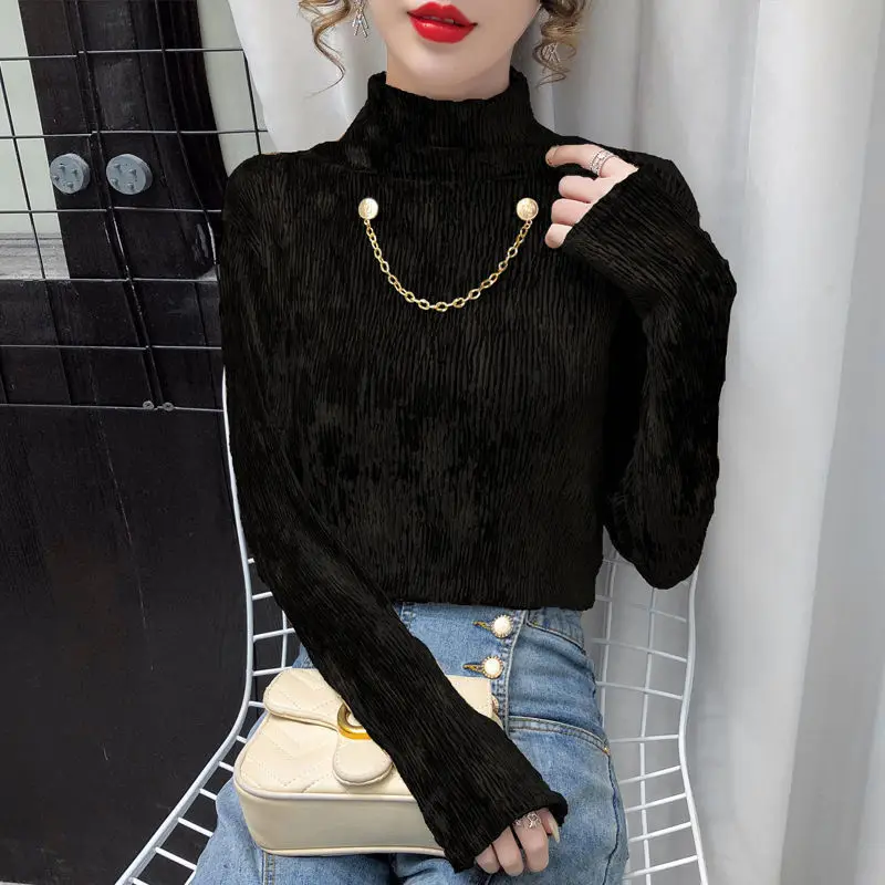 2024 Plain Top for Women Sequin Tshirt Slim Woman T-shirt Rhinestone Clothing Turtleneck Tee Glitter Designer Trend New In Goth