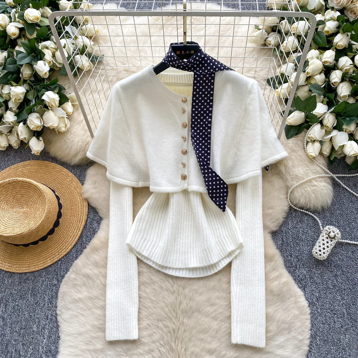 

Women Winter 2pcs Knitted Cloak Capes Lady Ribbon Sweater And Clock Sets Outfit Female Festival Birthday Date Night Out Sexi Top