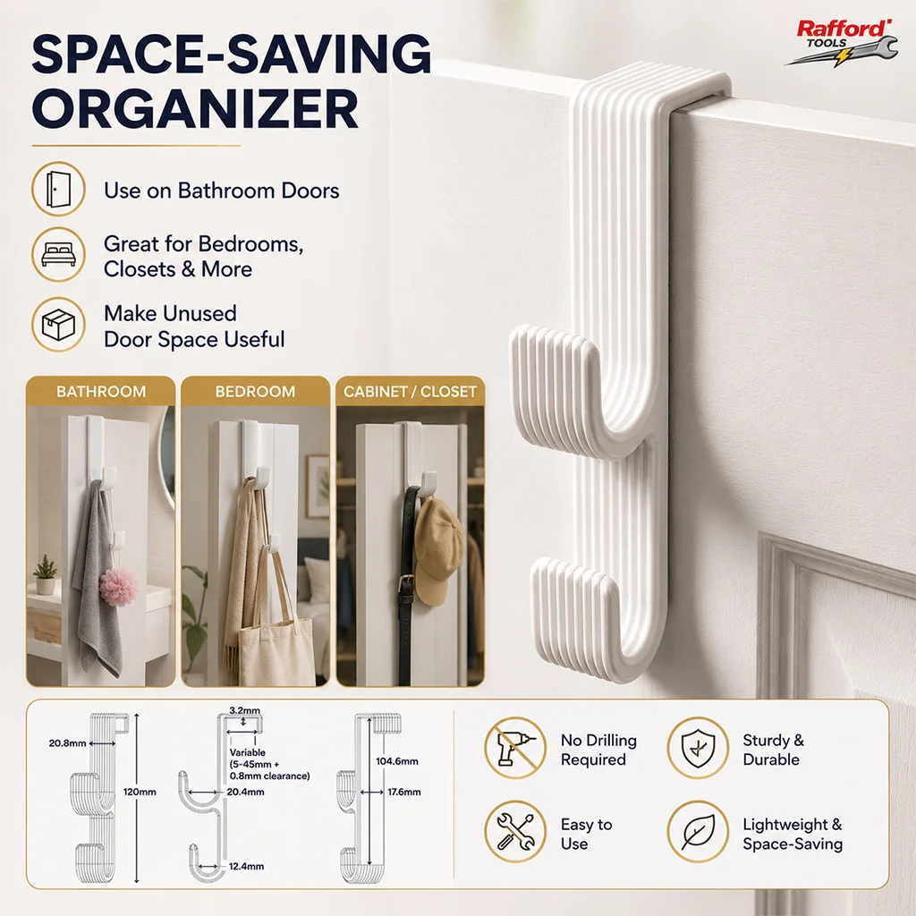 Rafford 2PCS Over Door Hooks, No Drilling Towel Hanger for Bathroom Clothes Bags view 2