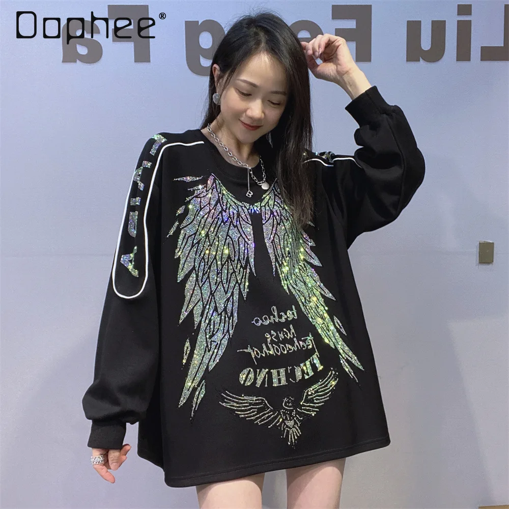 

Fashion Rhinestone Round Neck Loose black Sweatshirt Women 2025 Autumn Winter New High-end Space Cotton Top