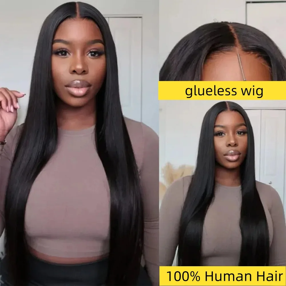 شعر مستعار بشري مستقيم بدون لاصق للنساء السمراوات ، تم نتفه مسبقًا ، قصه مسبقًا ، كثافة 24"