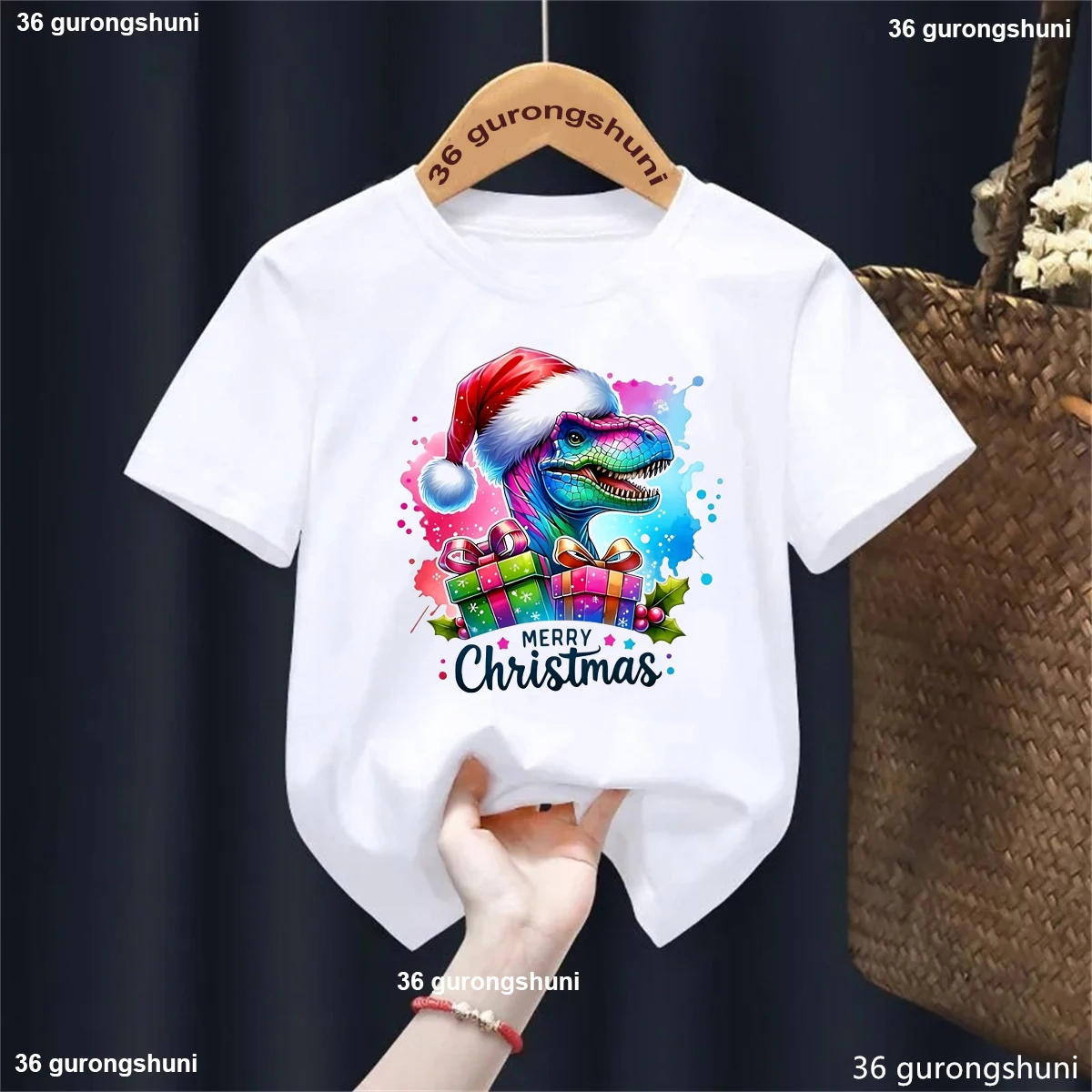 Watercolor Merry Christmas Dinosaur Graphic Printed T Shirt Girls/Boys Harajuku Kawaii Kids Clothes Funny Soild T-Shirt Tops