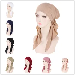 Muslim Fashion Hijab Turban Hats Solid Color Long Tail Head Wraps Elastic Pirate Hats Breathable Chemo Cap For Women Girls