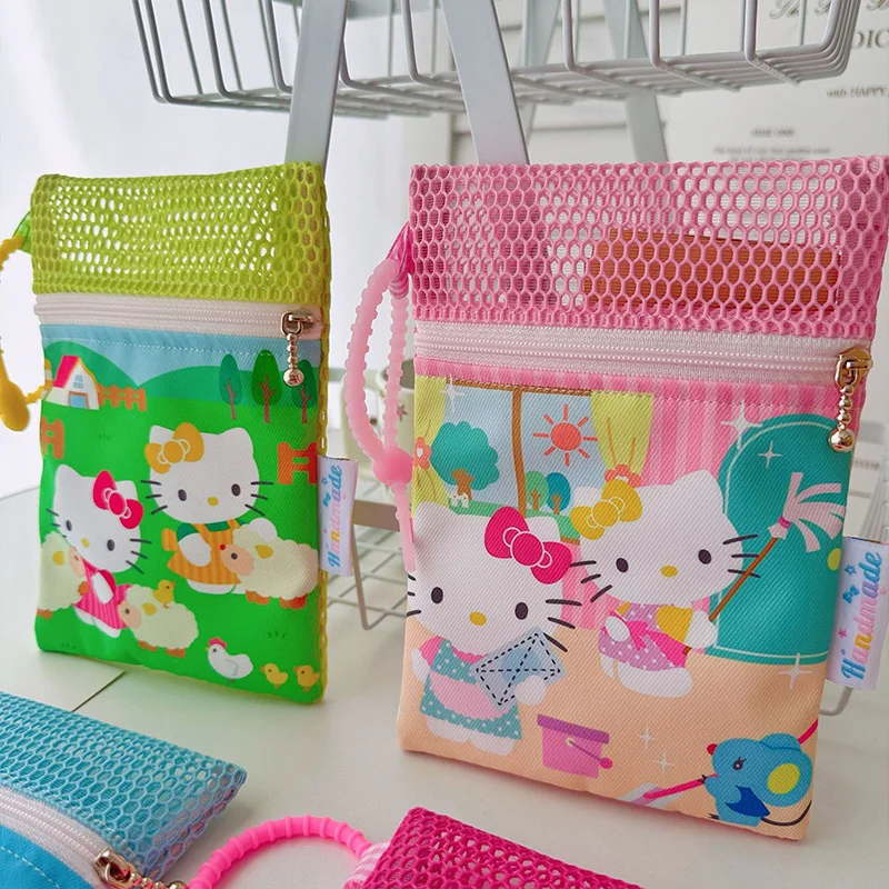 

Cute Hello Kitty Pencil Case Cartoon Mesh Splicing Cosmetic Bag Portable Large Capacity Zipper Storage Bag Friend Birthday Gift