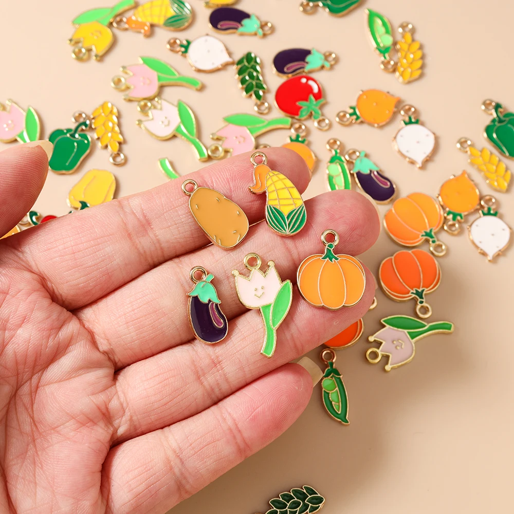 Leslie 10 Stück süße Emaille-Gemüse, Früchte, Erbse, Mais, Pfeffer, Kürbis, Tomaten, Charms für Armband, Halskette, DIY, Schmuckherstellung, Basteln – Detail 2