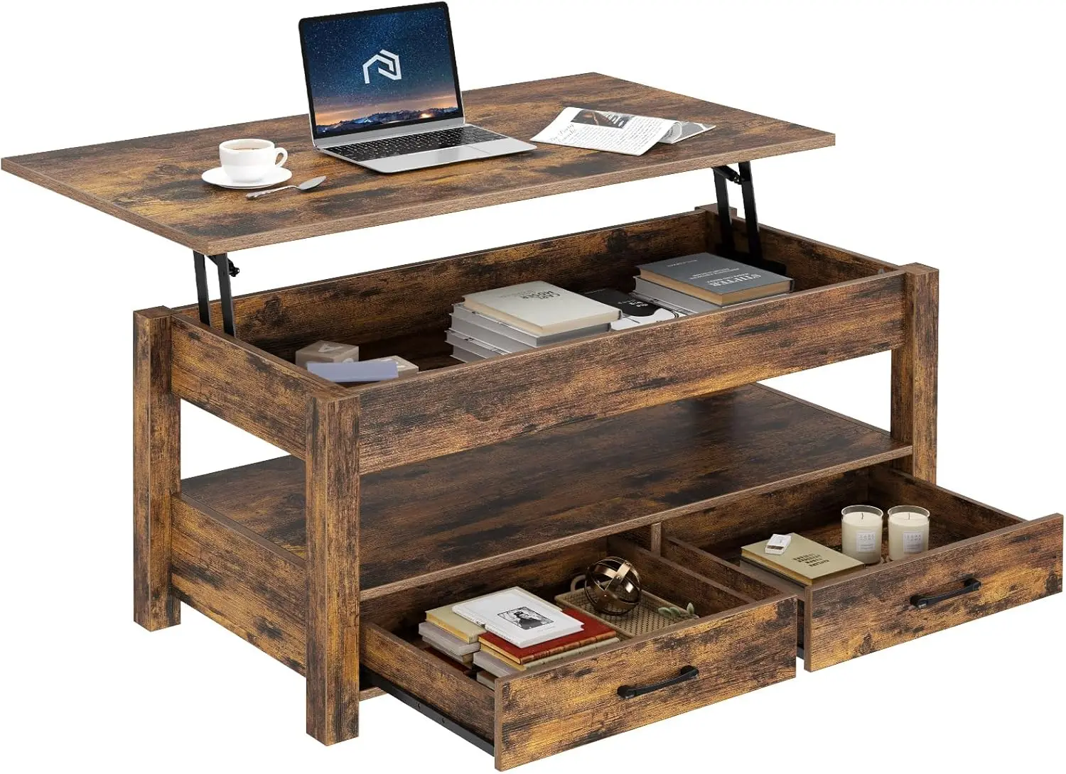 

Coffee Table, Lift Top Coffee Table with Drawers and Hidden Compartment, Wooden Lift Tabletop, for Living Room,Rustic Brown