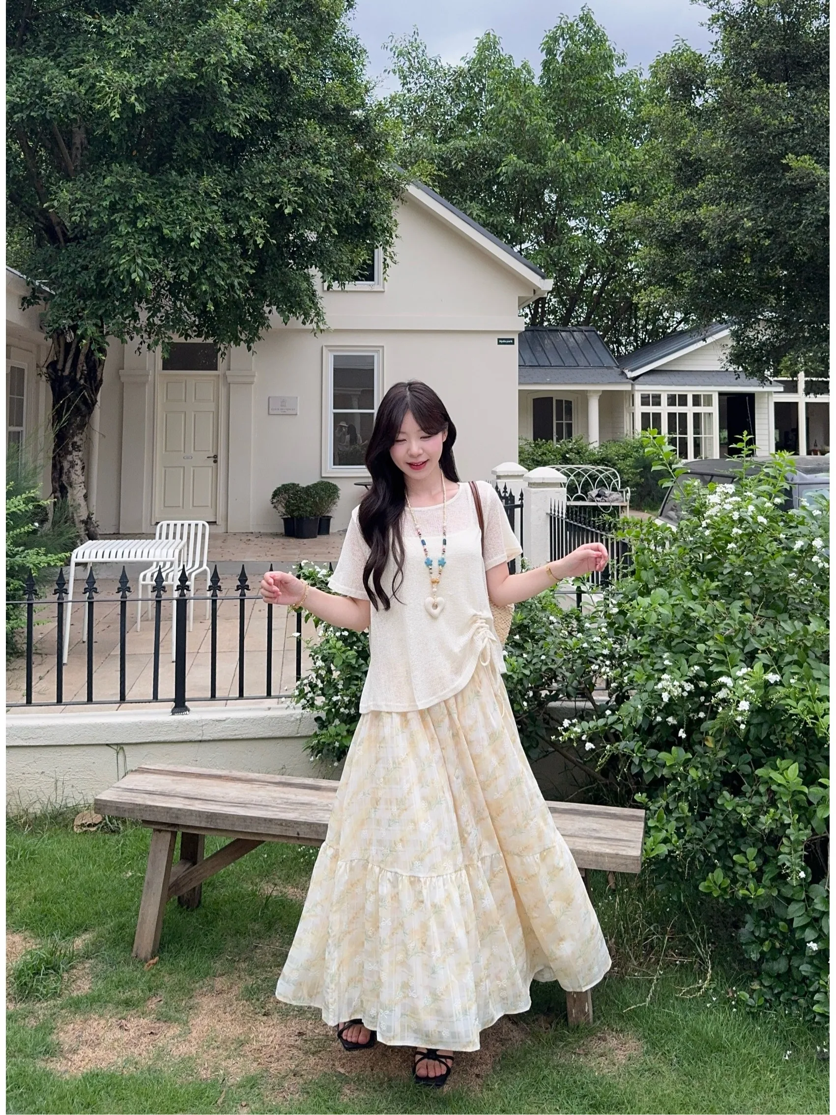

plus Size Loose Summer Outfit Strap Vest Knitted Short Sleeve Meat Conceal Slimming Half Skirt Three Piece Set Casual Style