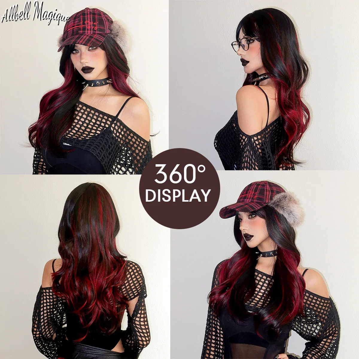 Black Highlight Red Hair Wigs with Bangs Long Wavy Black Mixed Red Synthetic Wig for Woman Cosplay Colorful Wig Heat Resistant